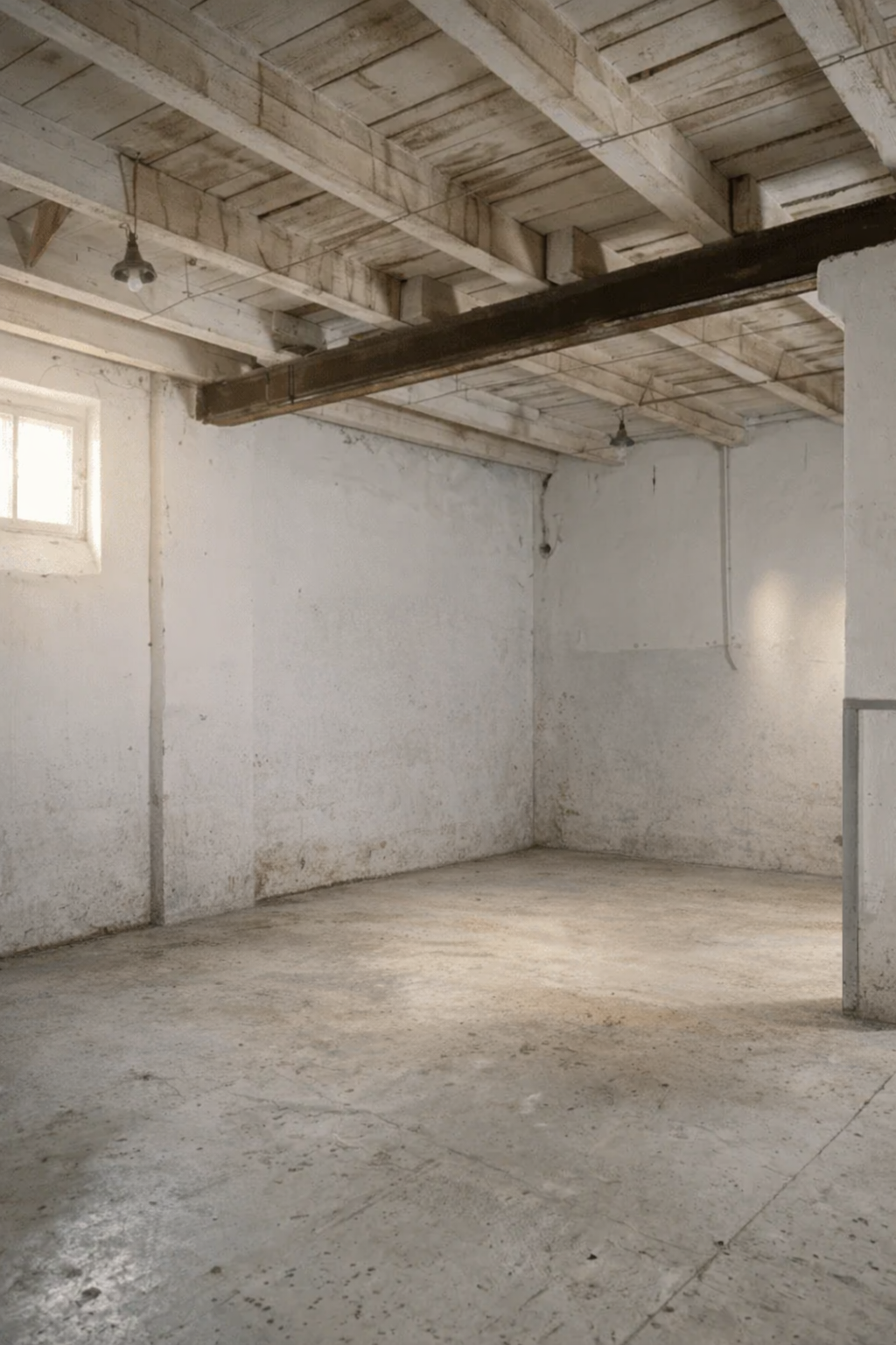 Cluttered and empty worn basement before cleanout in Spartanburg SC