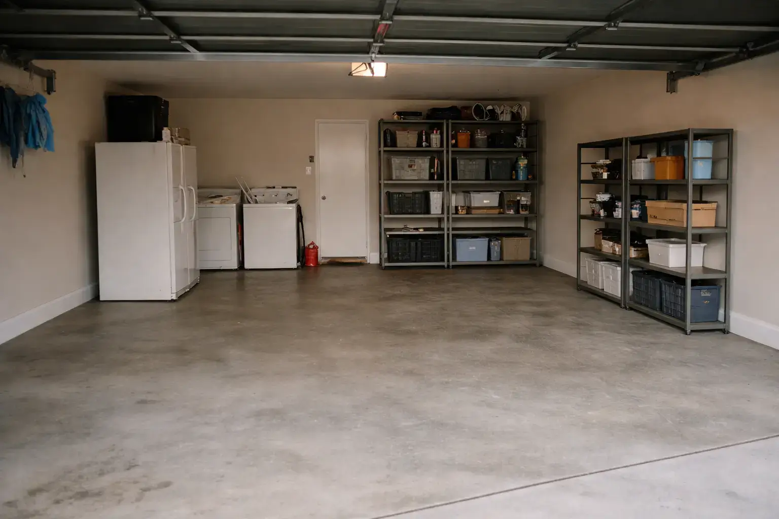 Organized garage with washer and dryer before cleanup in Spartanburg SC