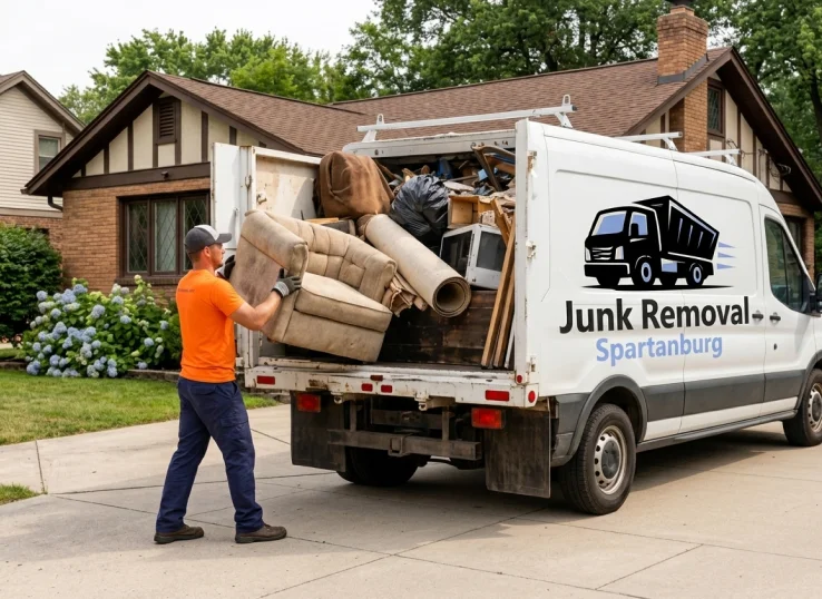 Junk Removal Spartanburg white box truck parked in residential driveway for junk hauling service in Spartanburg SC