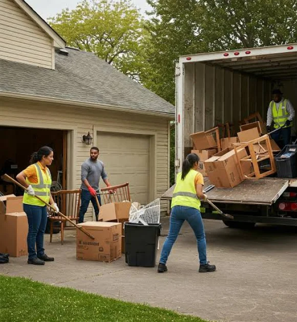Professional junk removal team loading boxes and furniture into a truck outside a residential home.