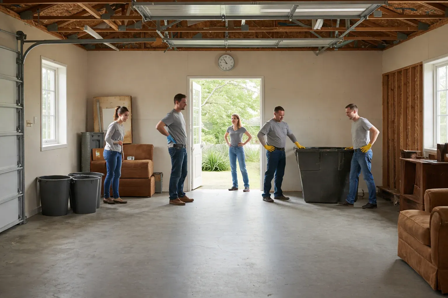 After view of a clean and cleared garage with professional clearance team standing inside following junk removal service