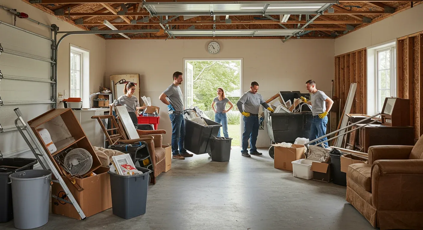 Before view of a cluttered garage filled with boxes and junk with professional clearance team working on removal