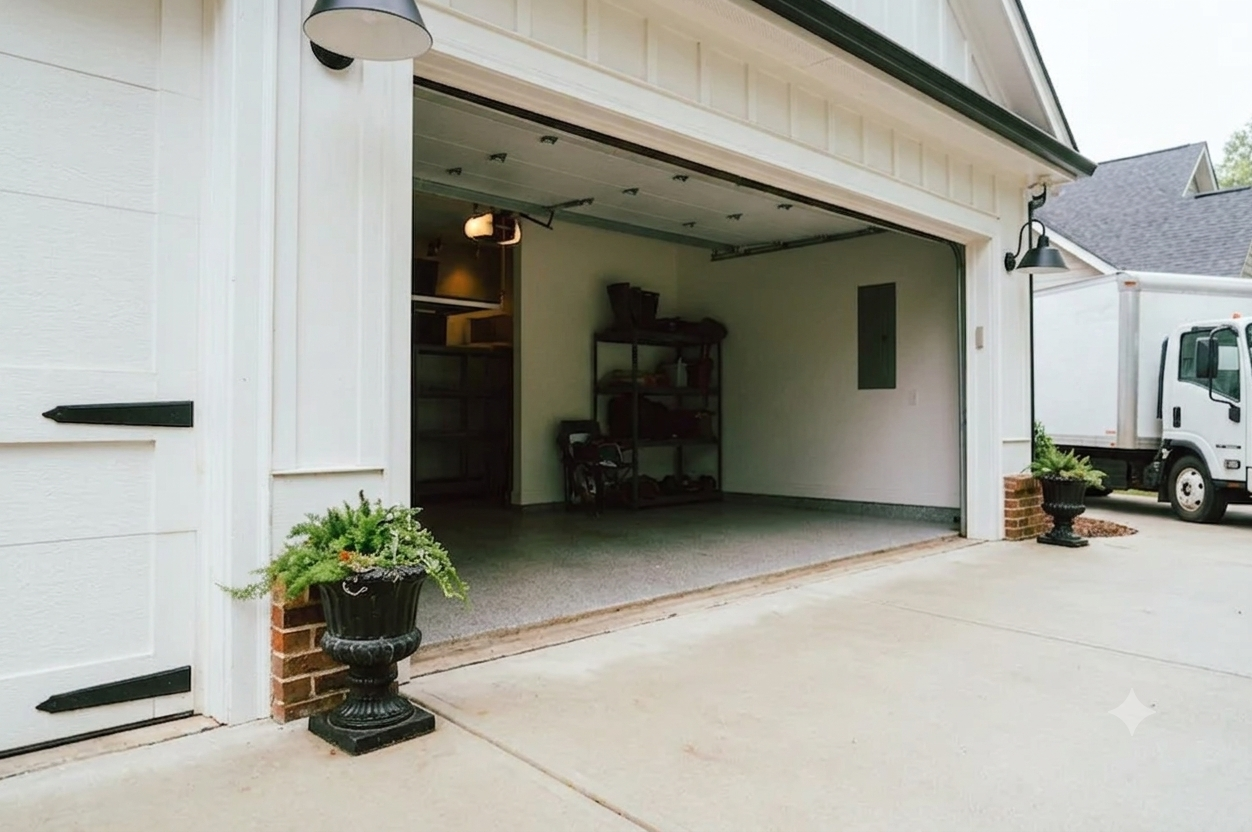 Cluttered residential garage in Inman  SC filled with old furniture, storage boxes, and household junk awaiting removal