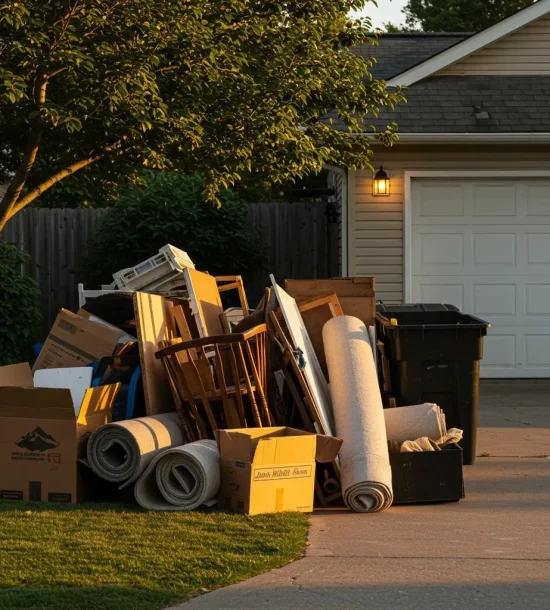 Pile of unwanted furniture and household junk placed at the curb for removal